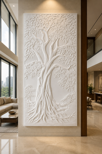 Rooted Canopy satin white Corian wall panel, front view in a grand Mumbai duplex living room
