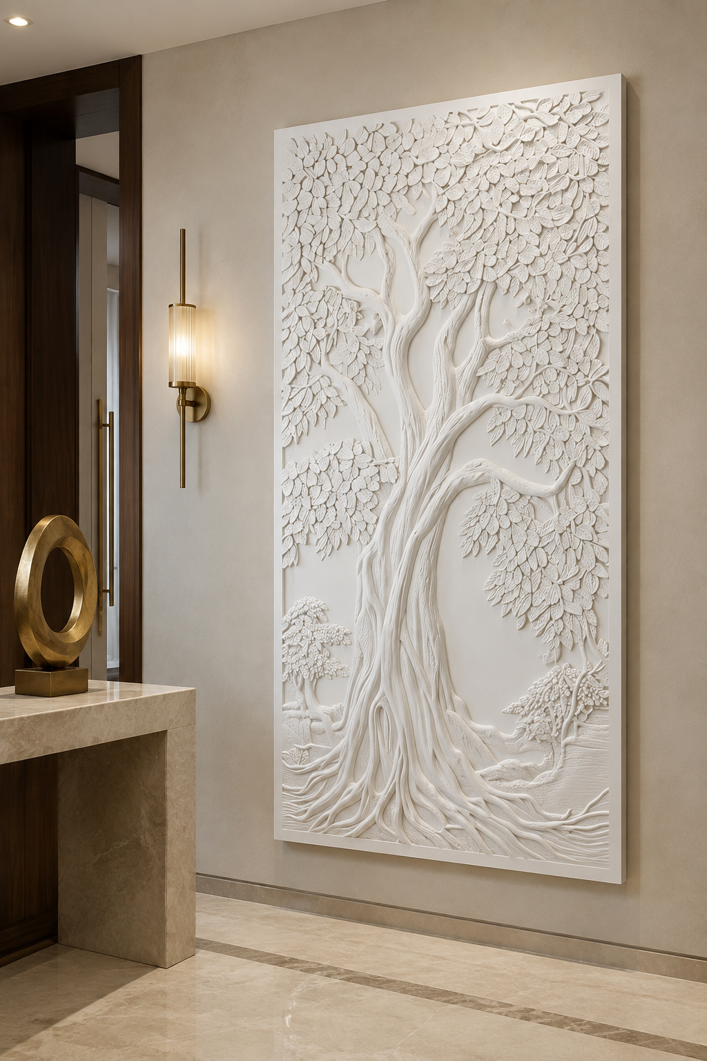 Rooted Canopy satin white Corian wall panel, left view in a luxury Mumbai entrance lobby