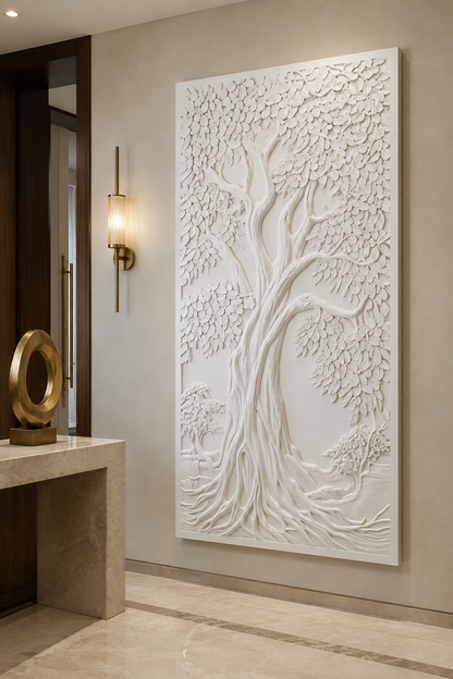 Rooted Canopy satin white Corian wall panel, left view in a luxury Mumbai entrance lobby