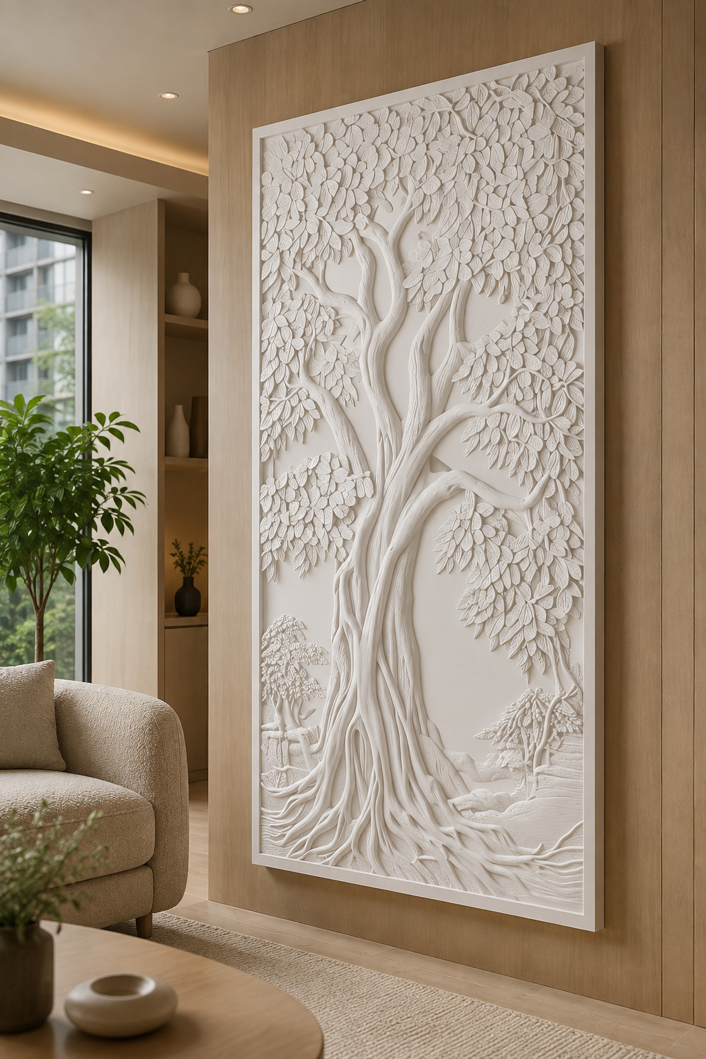 Rooted Canopy satin white Corian wall panel, right view in an elegant Mumbai family lounge
