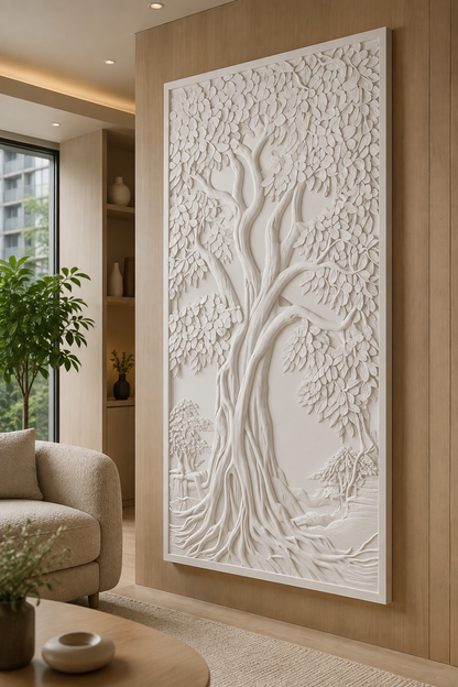 Rooted Canopy satin white Corian wall panel, right view in an elegant Mumbai family lounge