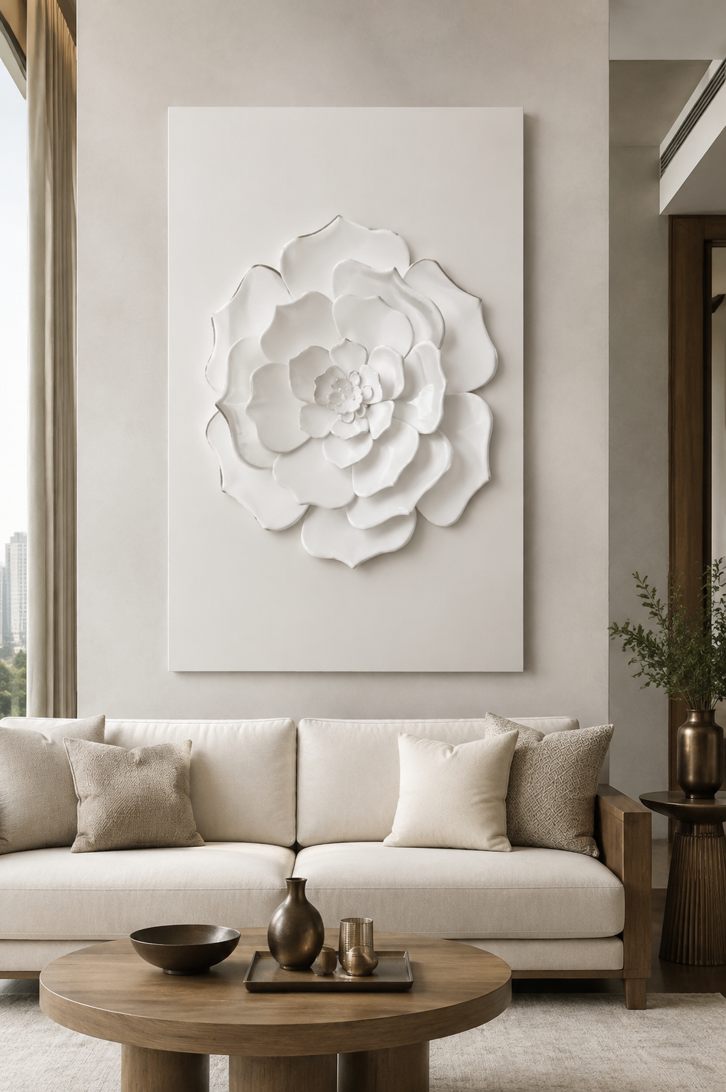 Camellia Bloom satin white Corian wall panel, front view in a tranquil luxury Mumbai living room