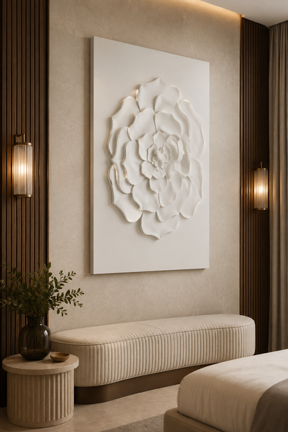 Camellia Bloom satin white Corian wall panel, left view in a refined Mumbai bedroom lounge
