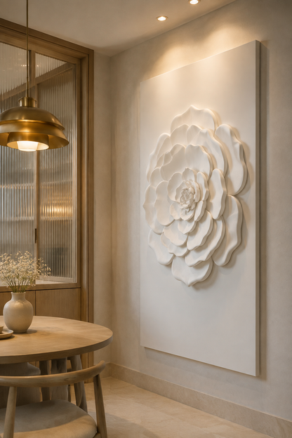 Camellia Bloom satin white Corian wall panel, right view in an elegant Mumbai dining alcove