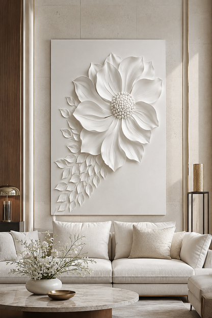 Petal Leaf Cascade satin white Corian wall panel, front view in an elegant Mumbai formal living room