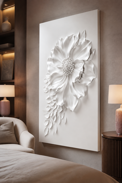 Petal Leaf Cascade satin white Corian wall panel, left view in a luxury Mumbai guest-bedroom corner