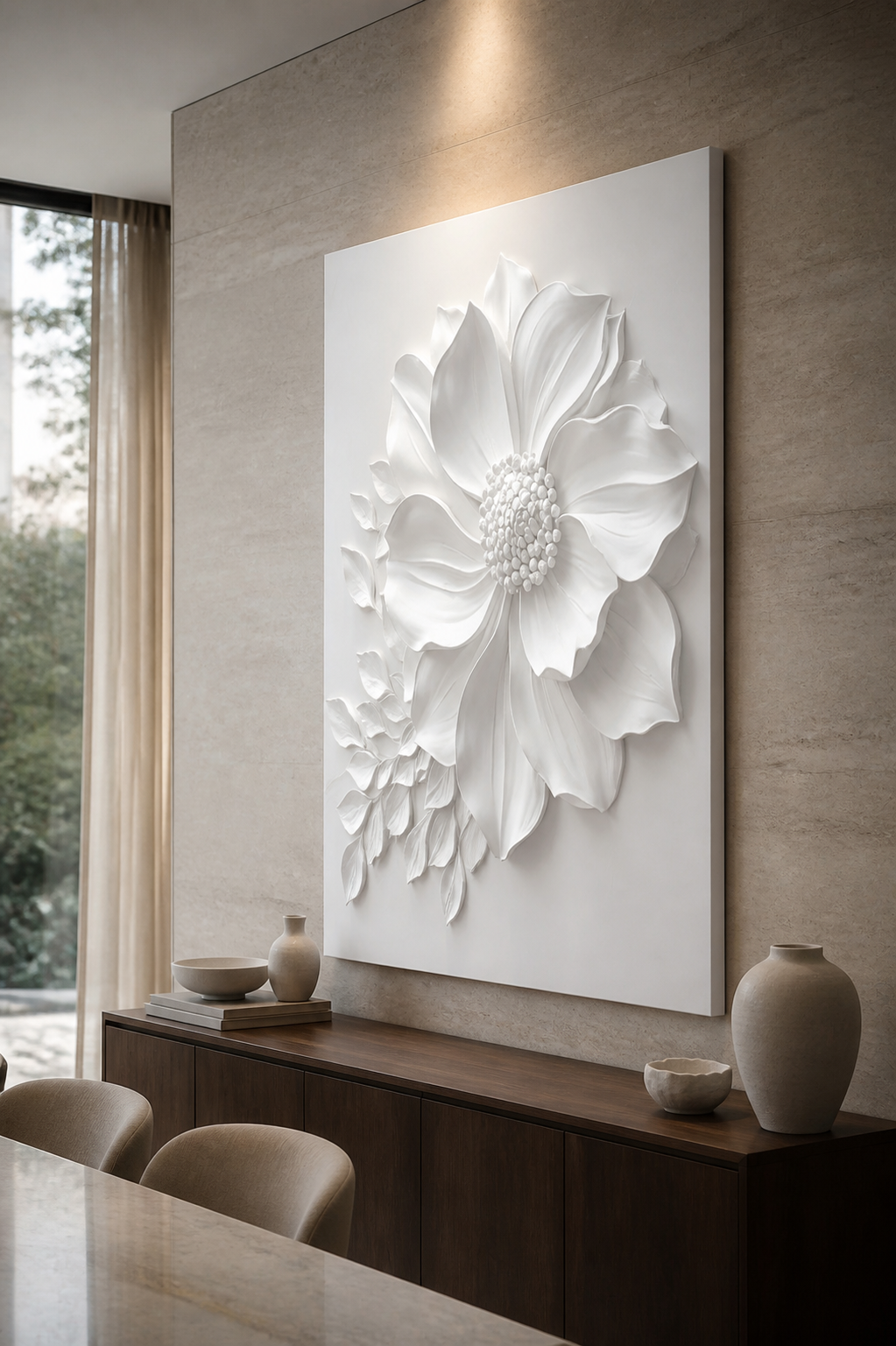Petal Leaf Cascade satin white Corian wall panel, right view in a refined Mumbai dining room