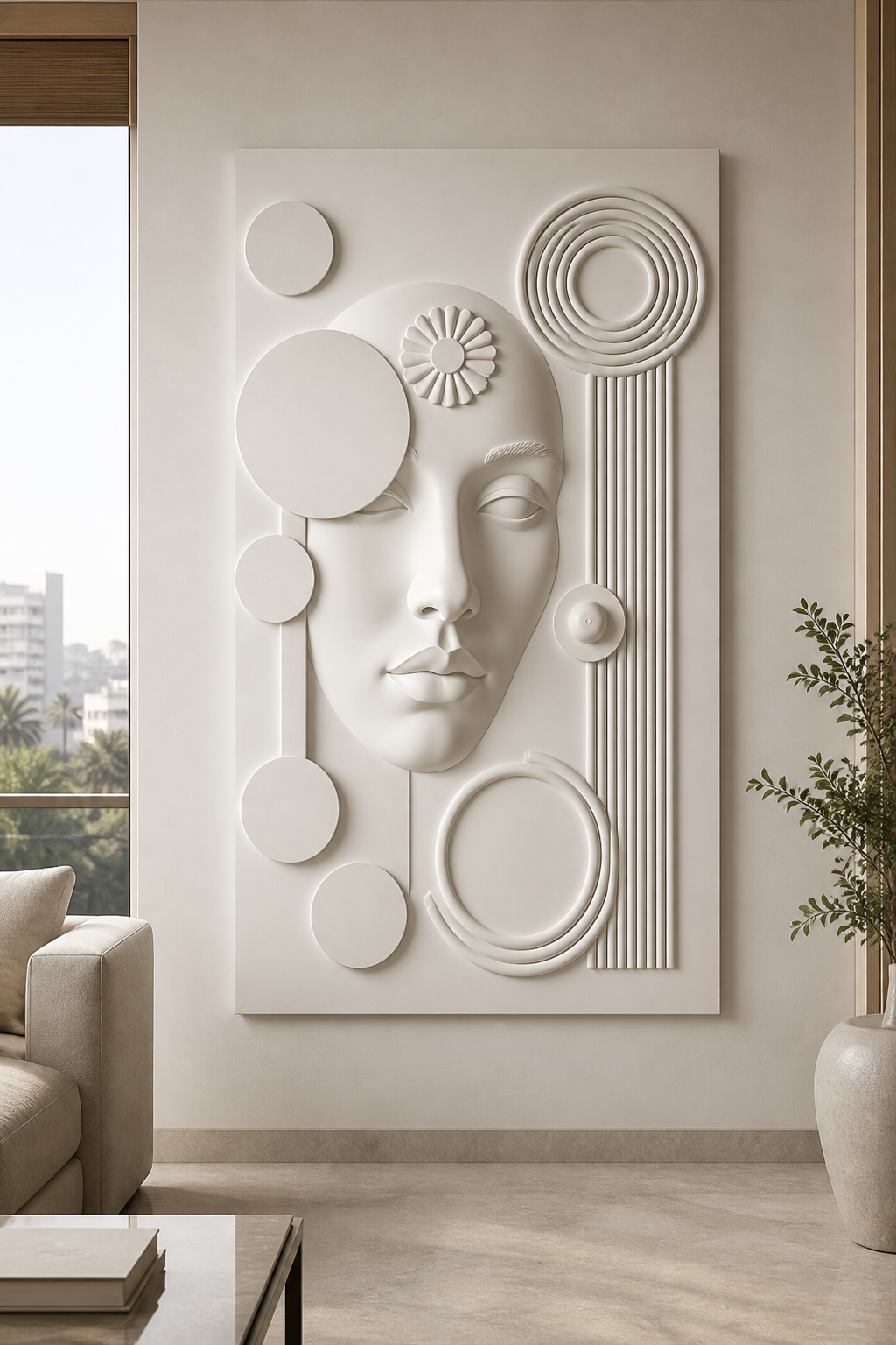 Orbit Visage Assembly satin white Corian wall panel, front view in a contemporary South Mumbai living room