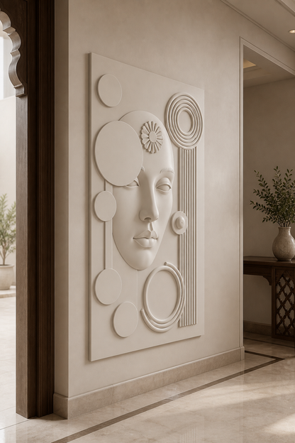 Orbit Visage Assembly satin white Corian wall panel, left view in a heritage-modern Fort entrance foyer