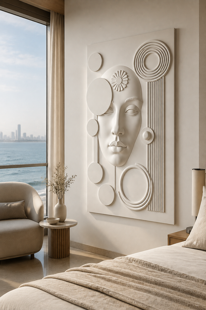 Orbit Visage Assembly satin white Corian wall panel, right view in a sea-view Worli bedroom sitting area