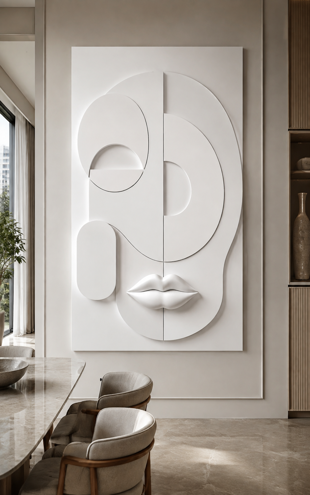 Geometric Muse Profile satin white Corian wall panel, front view in a luxury Bandra dining room