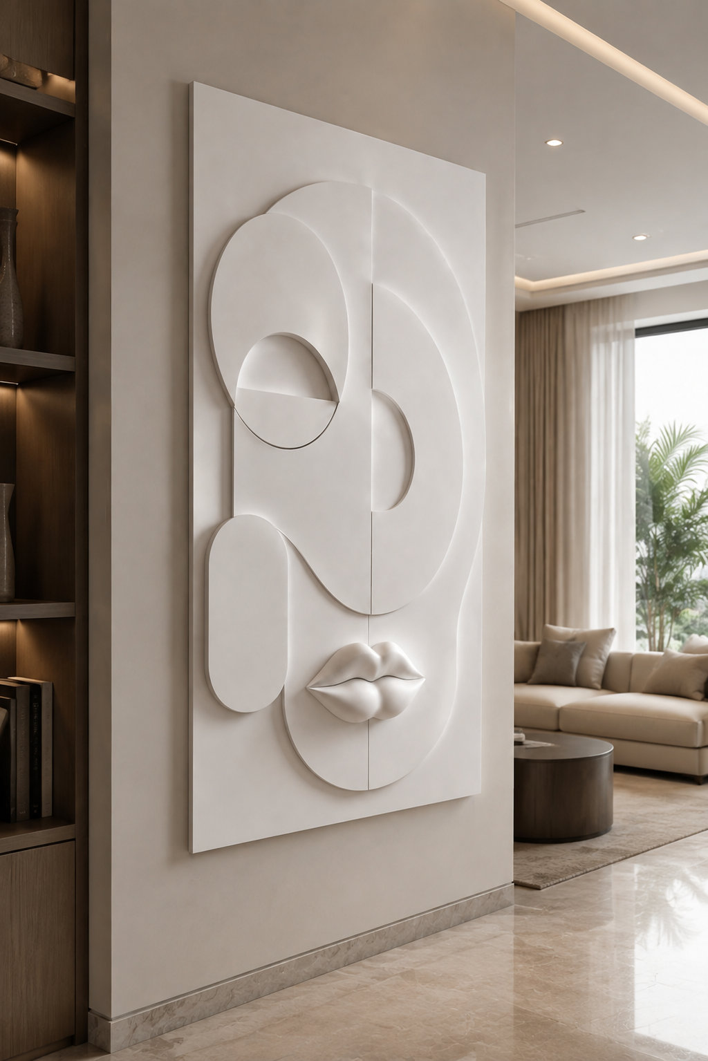 Geometric Muse Profile satin white Corian wall panel, left view in a contemporary BKC living lounge