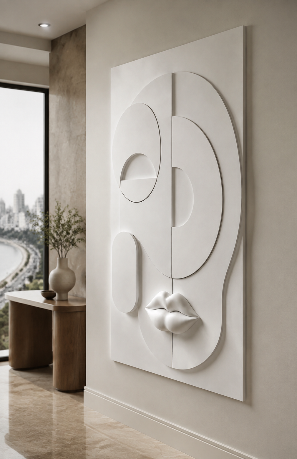 Geometric Muse Profile satin white Corian wall panel, right view in an art-led Marine Drive entrance foyer