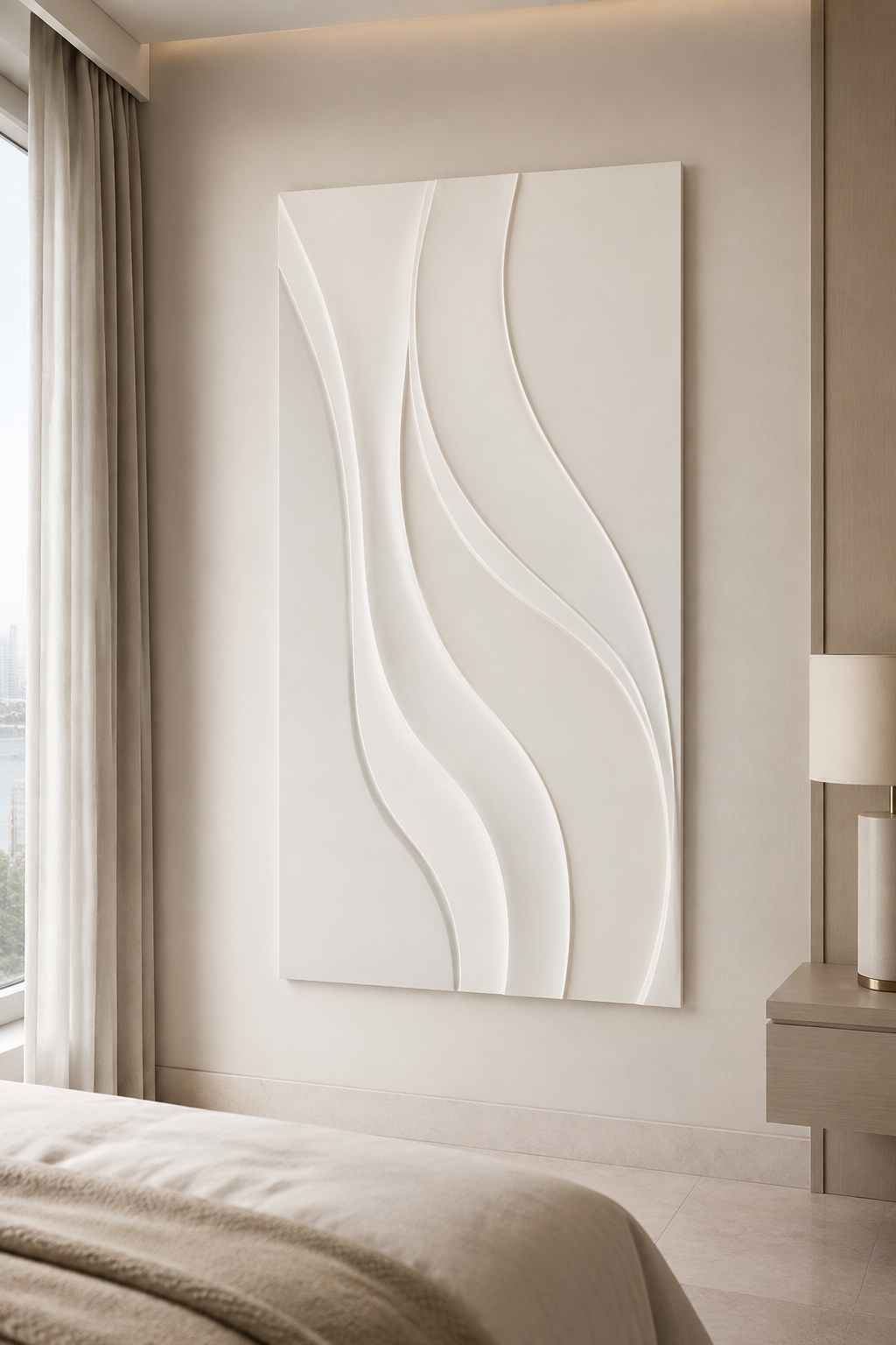 Ascending Ribbon Flow satin white Corian wall panel, front view in a calm Malabar Hill bedroom