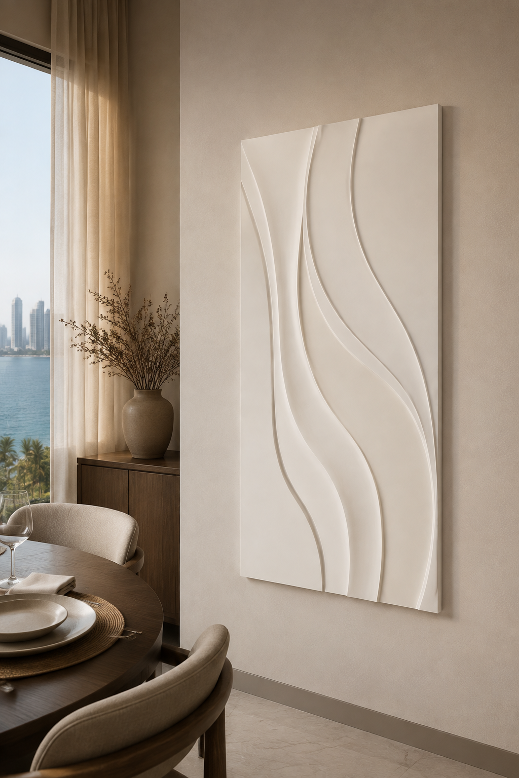 Ascending Ribbon Flow satin white Corian wall panel, left view in a sea-view Worli dining niche