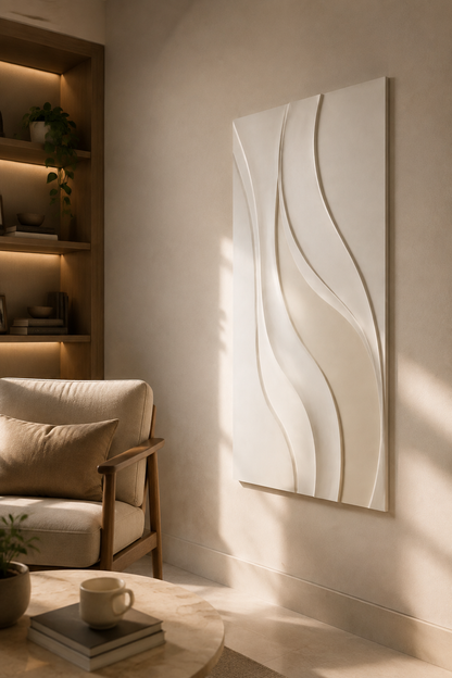Ascending Ribbon Flow satin white Corian wall panel, right view in a warm Bandra reading lounge