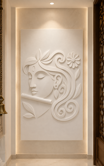 Krishna Flute Profile satin white Corian wall panel, front view in an elegant Walkeshwar prayer alcove