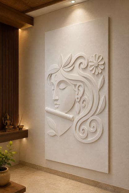 Krishna Flute Profile satin white Corian wall panel, left view in a quiet Malabar Hill meditation room