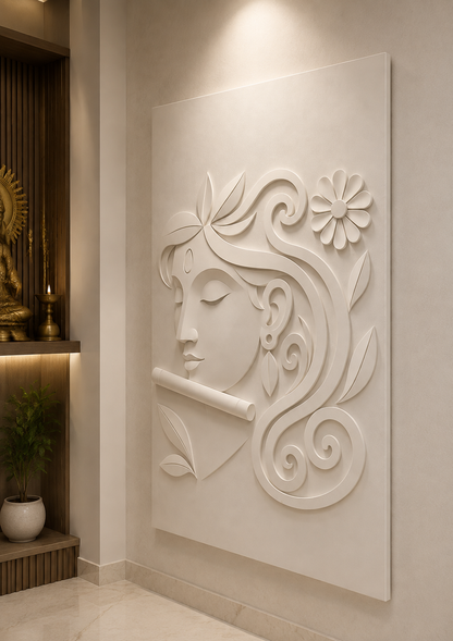 Krishna Flute Profile satin white Corian wall panel, right view in a serene Powai living-room shrine