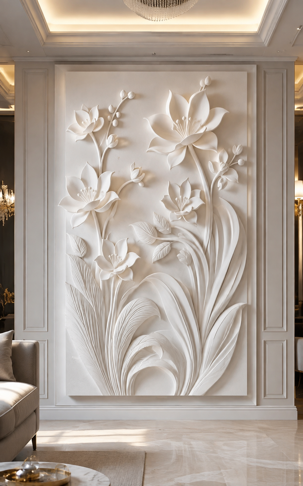Imperial Lily Garden satin white Corian wall panel, front view in a luxurious Worli formal living room