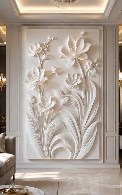 Imperial Lily Garden satin white Corian wall panel, front view in a luxurious Worli formal living room