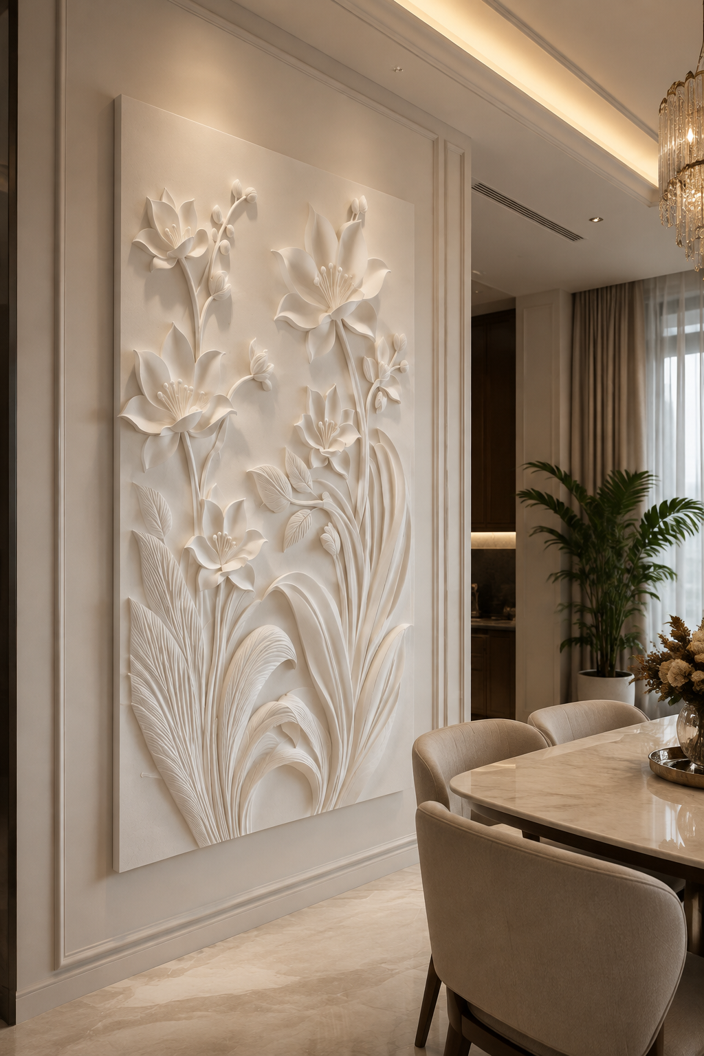 Imperial Lily Garden satin white Corian wall panel, left view in a refined Juhu dining salon
