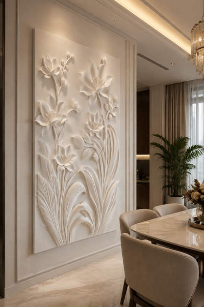 Imperial Lily Garden satin white Corian wall panel, left view in a refined Juhu dining salon