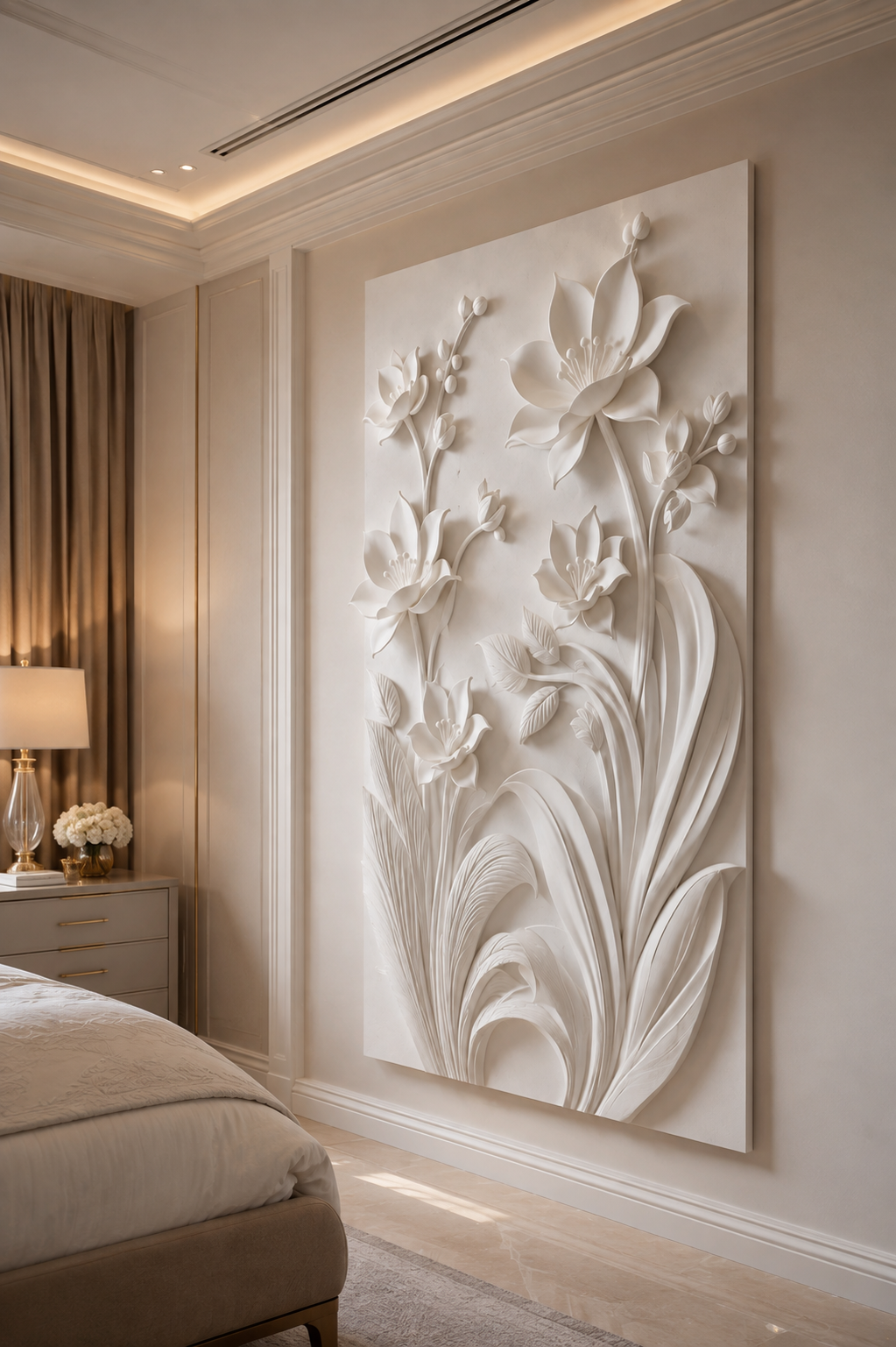 Imperial Lily Garden satin white Corian wall panel, right view in an elegant Malabar Hill master bedroom