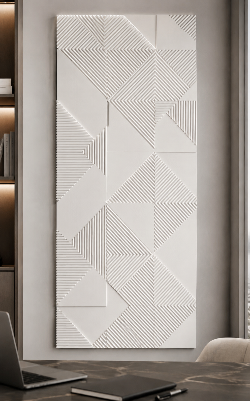 Linear Facet Mosaic satin white Corian wall panel, front view in a sophisticated BKC home office