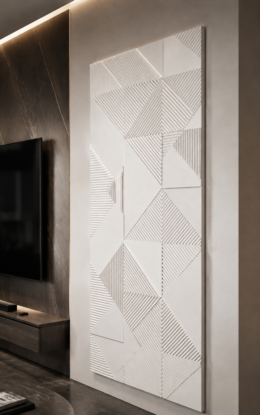 Linear Facet Mosaic satin white Corian wall panel, left view in a minimal Lower Parel media lounge