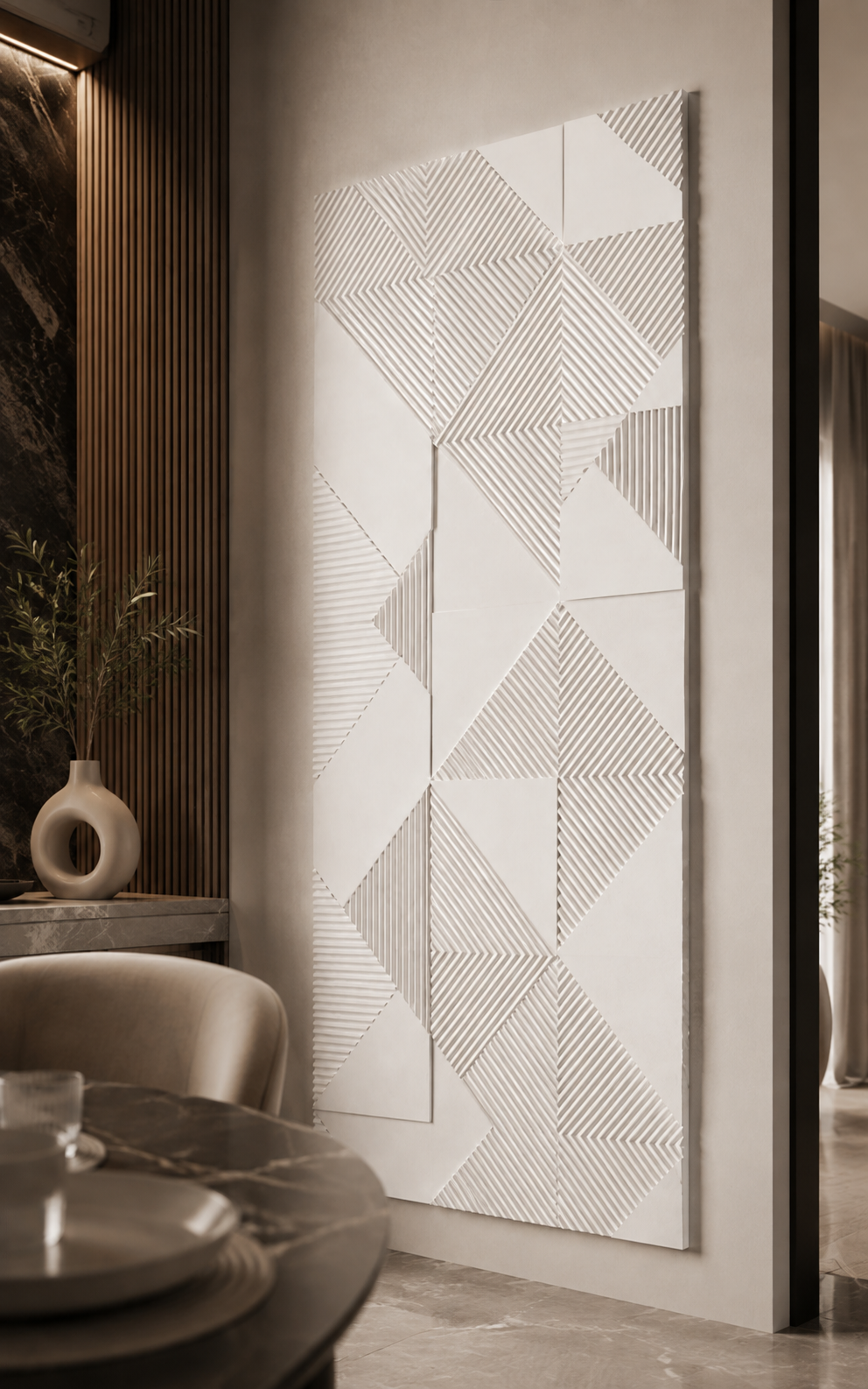 Linear Facet Mosaic satin white Corian wall panel, right view in a contemporary Bandra dining lounge