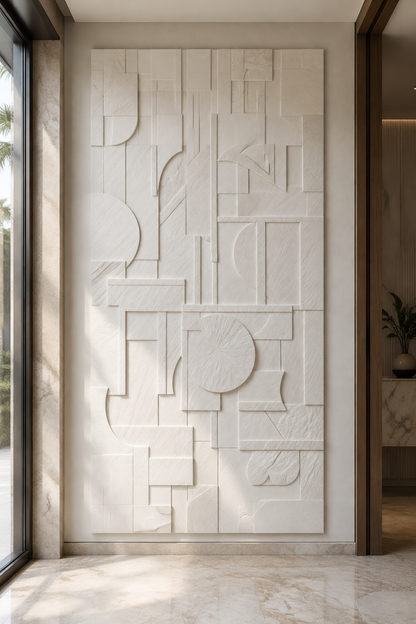 Architectural Form Grid satin white Corian wall panel, front view in a refined Marine Drive entrance foyer