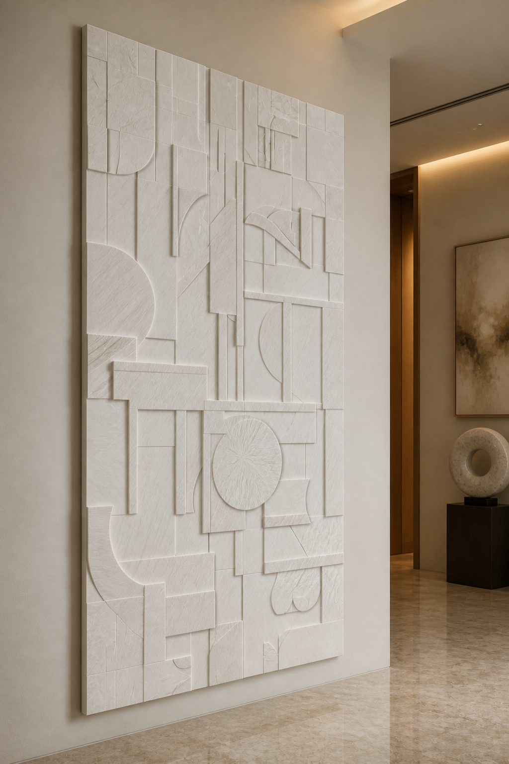 Architectural Form Grid satin white Corian wall panel, left view in an art-led Powai passage gallery