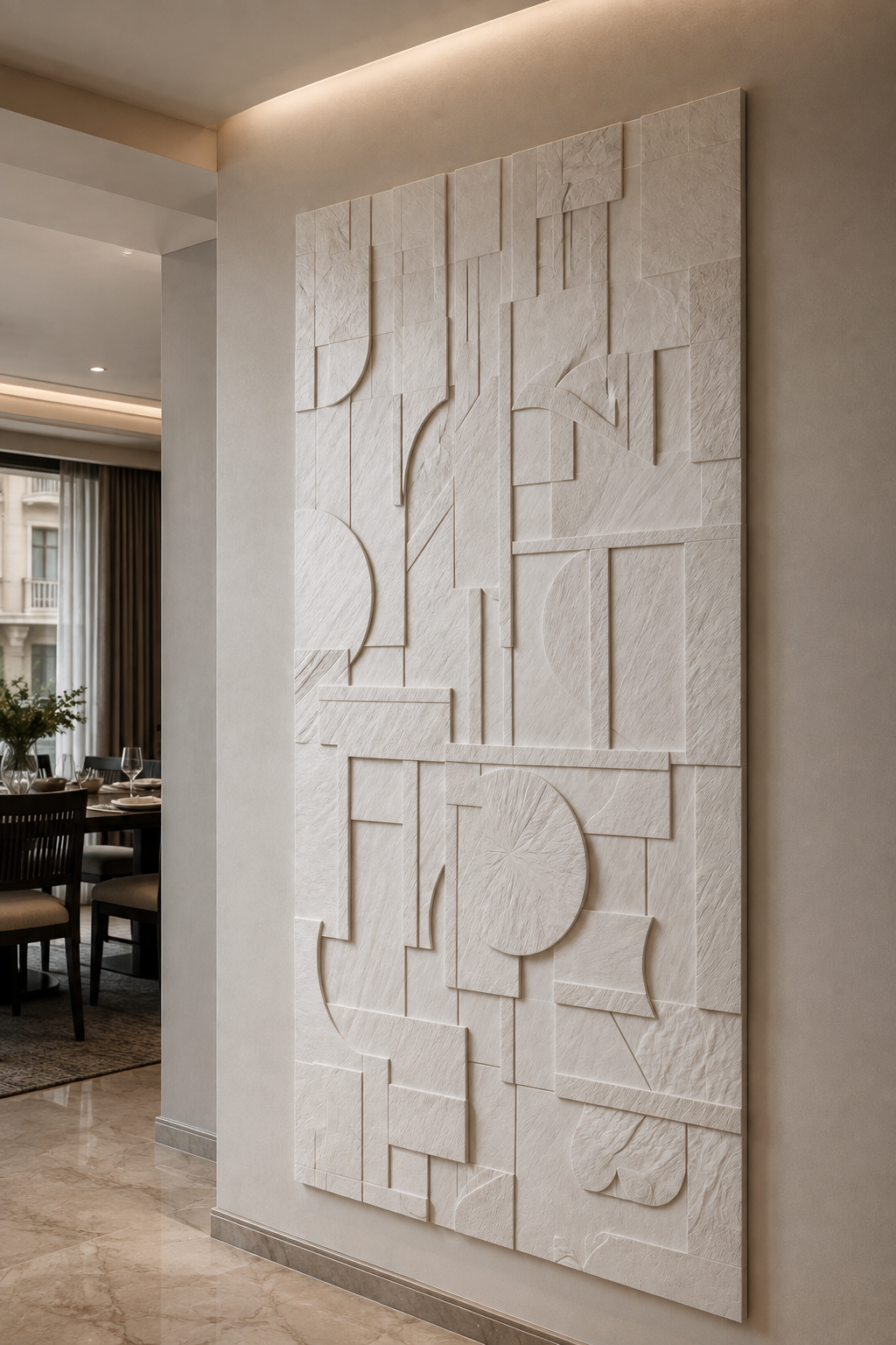 Architectural Form Grid satin white Corian wall panel, right view in a formal South Mumbai dining passage