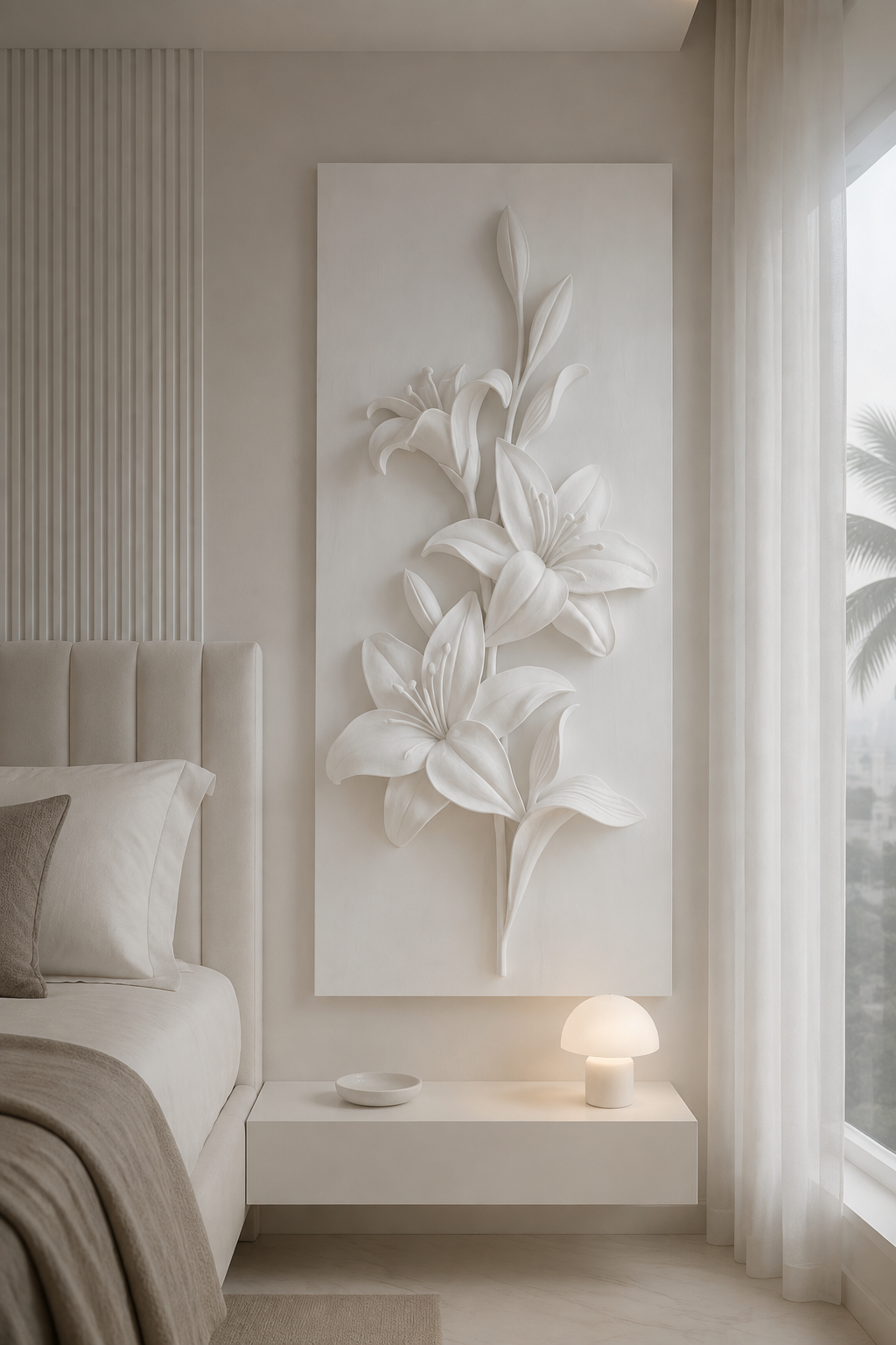 Lily Cascade Bouquet satin white Corian wall panel, front view in a serene Juhu master bedroom