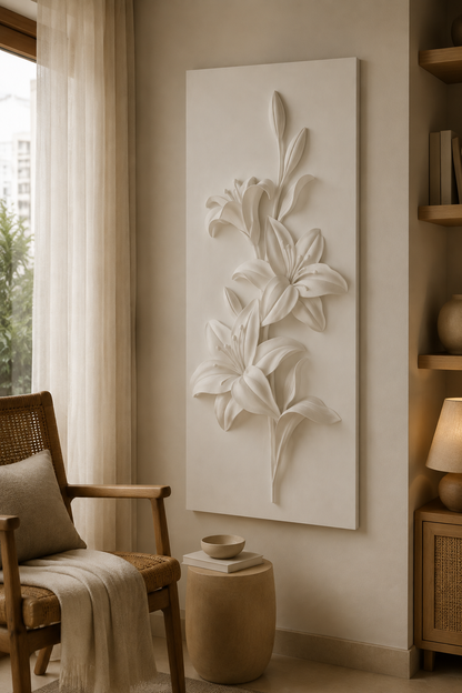 Lily Cascade Bouquet satin white Corian wall panel, left view in a warm Bandra reading lounge