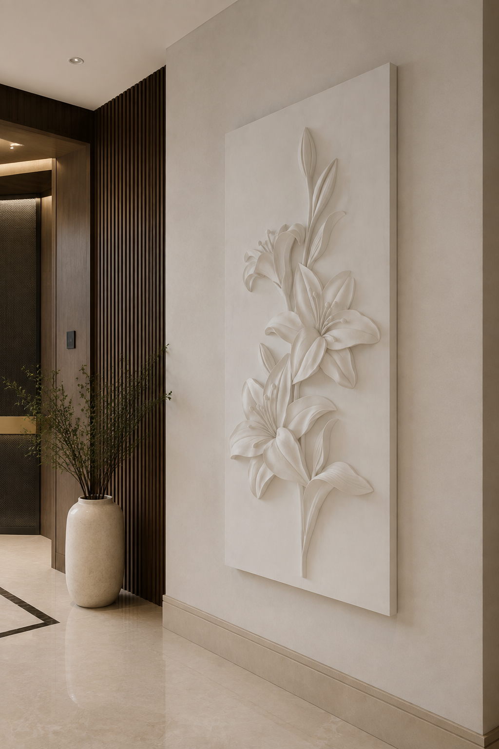 Lily Cascade Bouquet satin white Corian wall panel, right view in a polished BKC entrance foyer