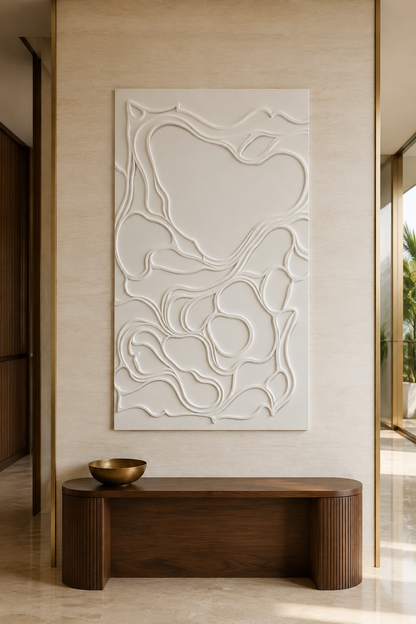 Contour Pebble Network satin white Corian wall panel, front view in the refined South Mumbai entrance foyer