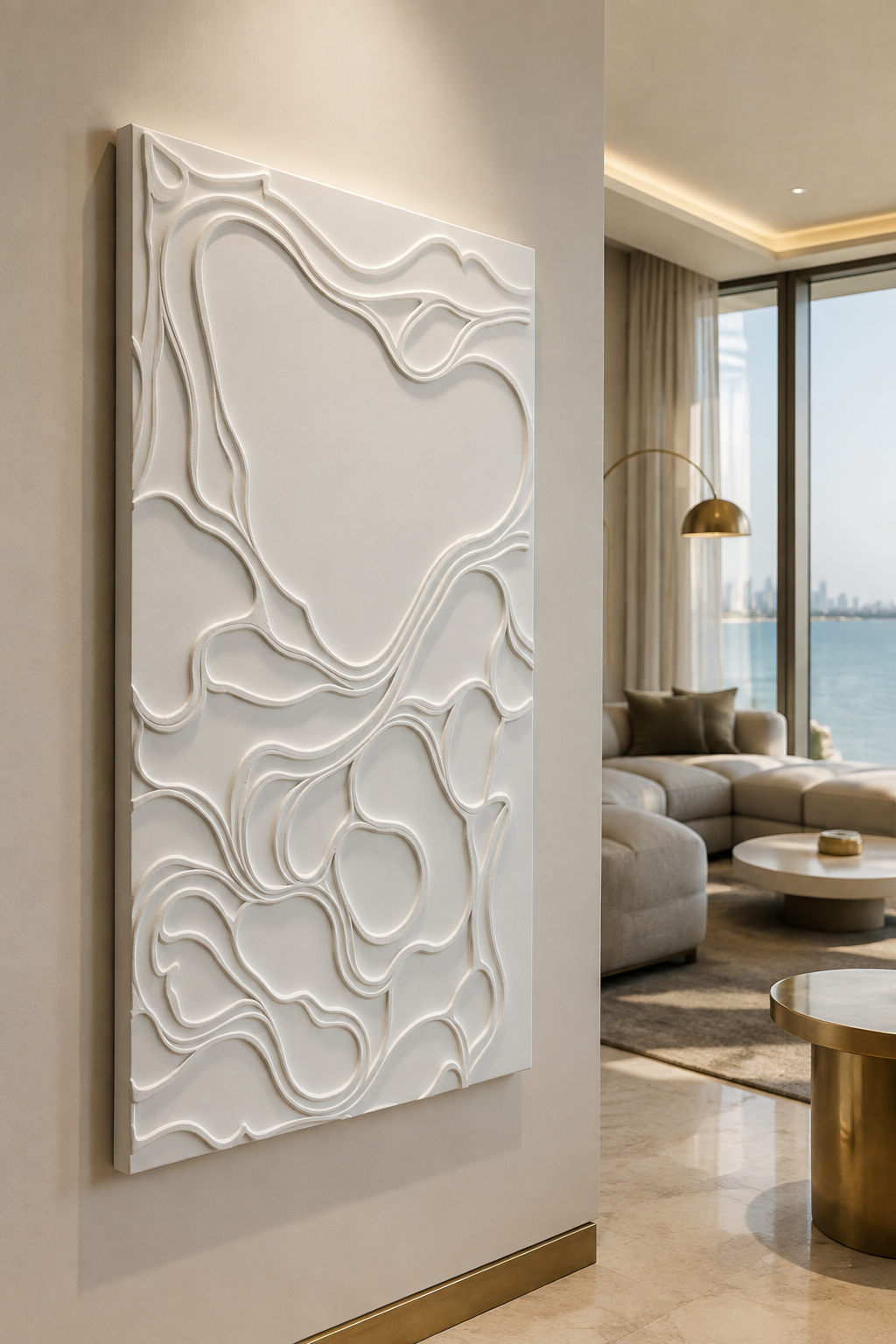 Contour Pebble Network satin white Corian wall panel, left view in the sea-view Worli living room