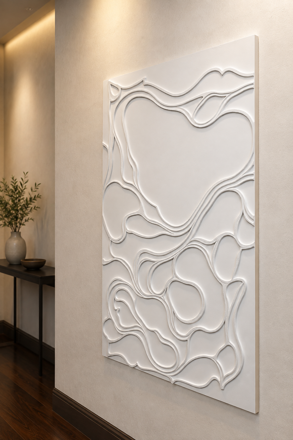 Contour Pebble Network satin white Corian wall panel, right view in the refined Malabar Hill gallery corridor