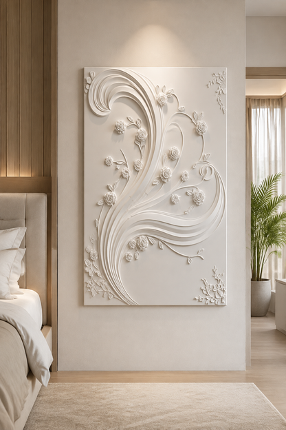 Rose Ribbon Flourish satin white Corian wall panel, front view in the serene luxury Juhu master bedroom