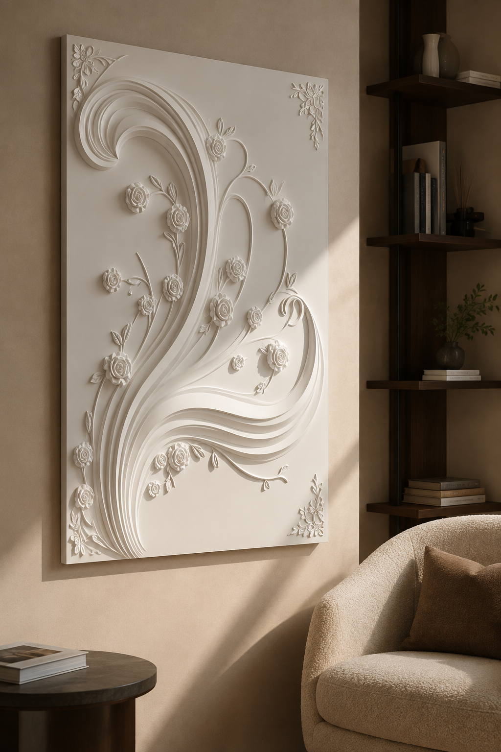 Rose Ribbon Flourish satin white Corian wall panel, left view in the elegant Bandra reading lounge