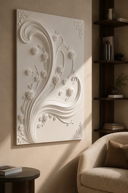 Rose Ribbon Flourish satin white Corian wall panel, left view in the elegant Bandra reading lounge