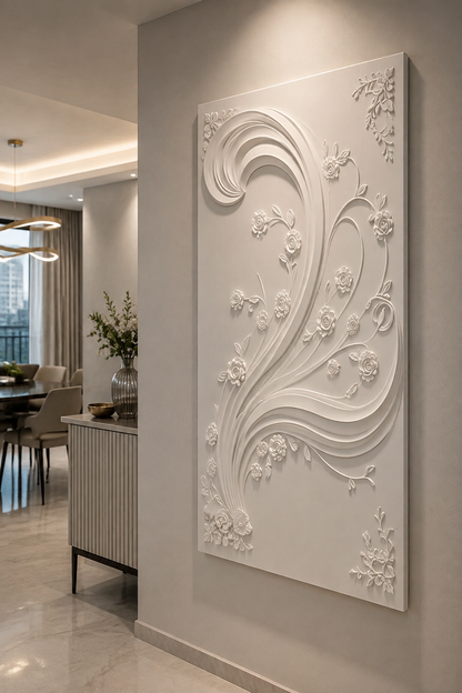 Rose Ribbon Flourish satin white Corian wall panel, right view in the refined Powai dining foyer