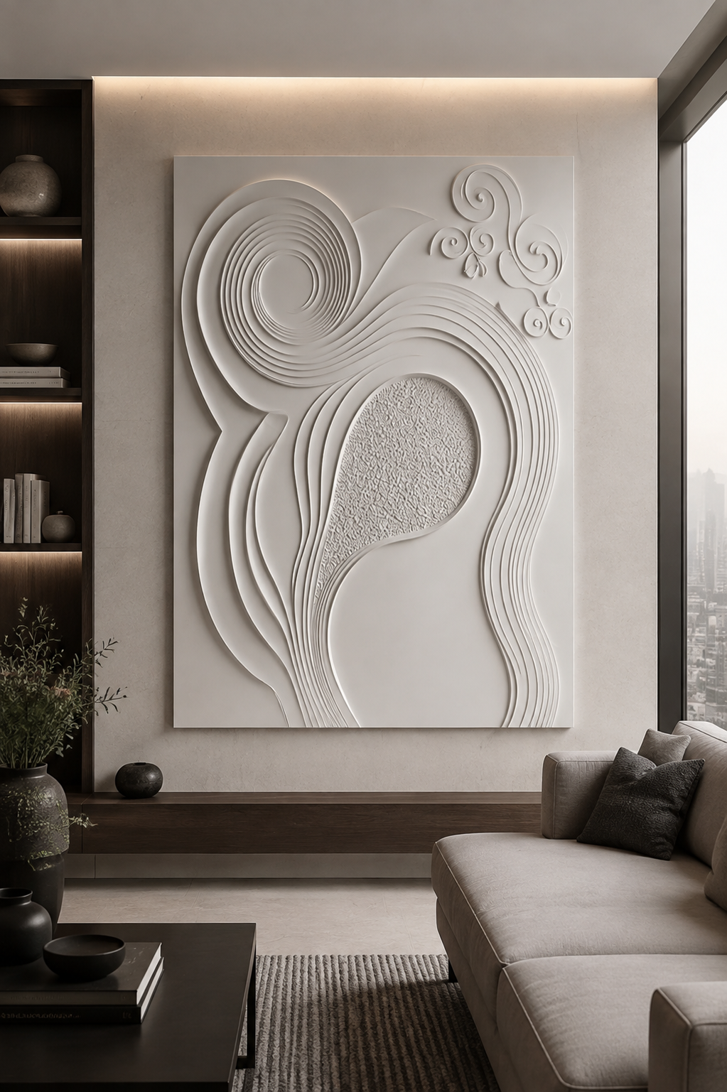 Spiral Current Medallion satin white Corian wall panel, front view in the art-led Lower Parel living room