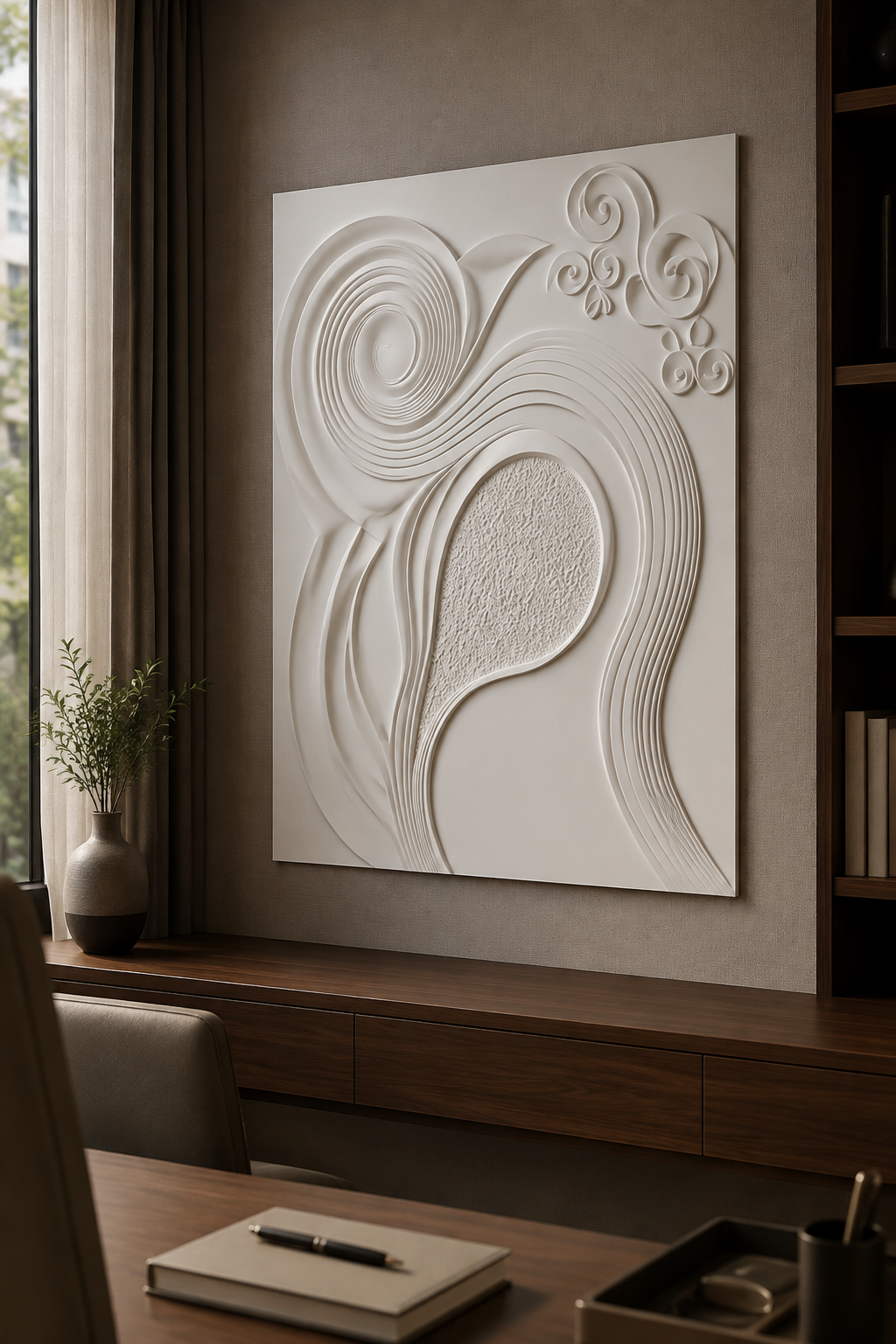 Spiral Current Medallion satin white Corian wall panel, left view in the sophisticated BKC study lounge