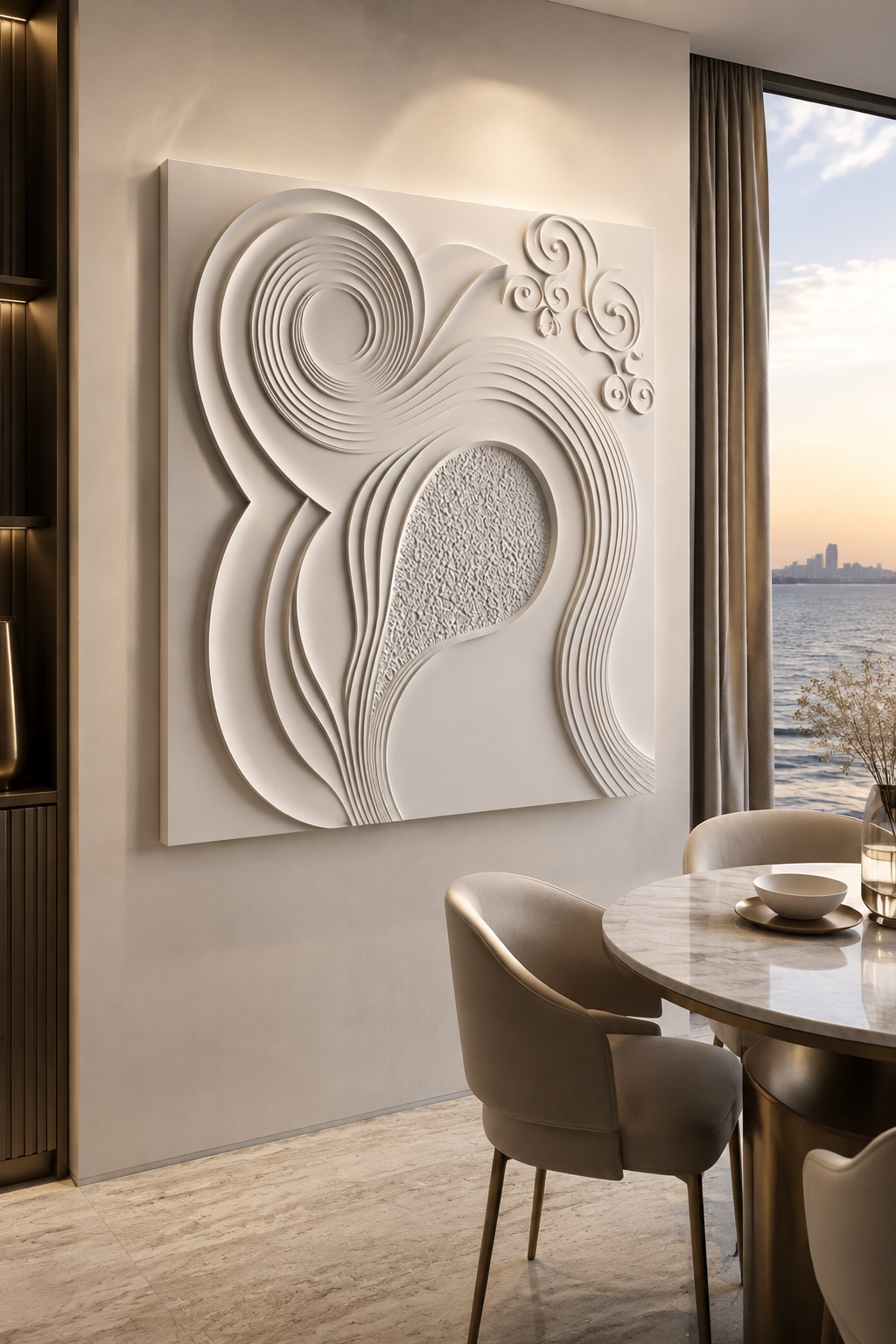Spiral Current Medallion satin white Corian wall panel, right view in the sea-view Worli dining alcove