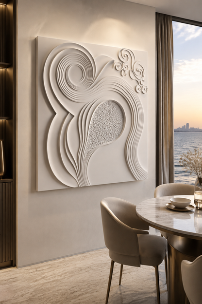 Spiral Current Medallion satin white Corian wall panel, right view in the sea-view Worli dining alcove
