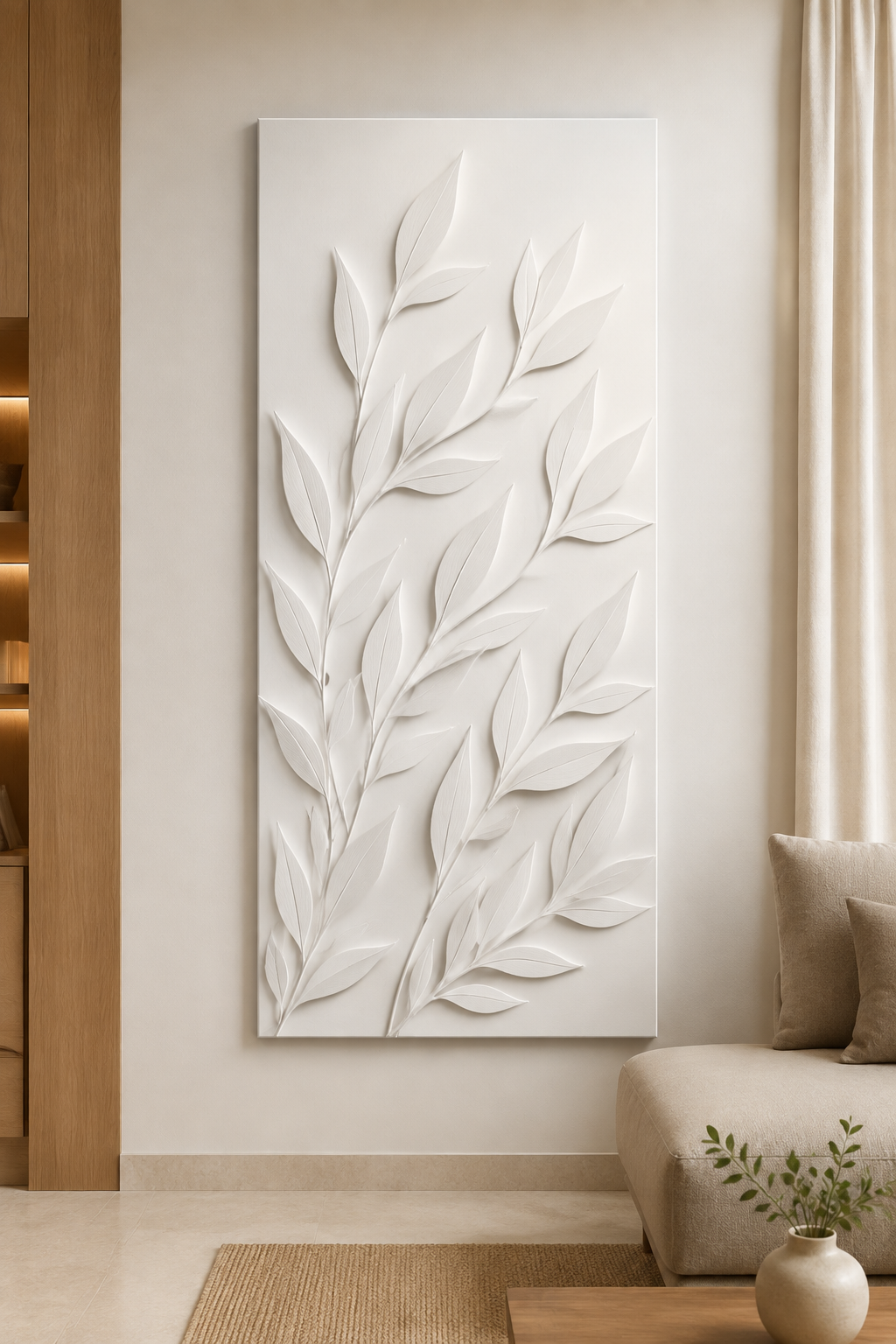 Laurel Branch Drift satin white Corian wall panel, front view in the elegant Bandra living room