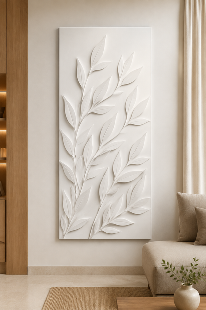 Laurel Branch Drift satin white Corian wall panel, front view in the elegant Bandra living room